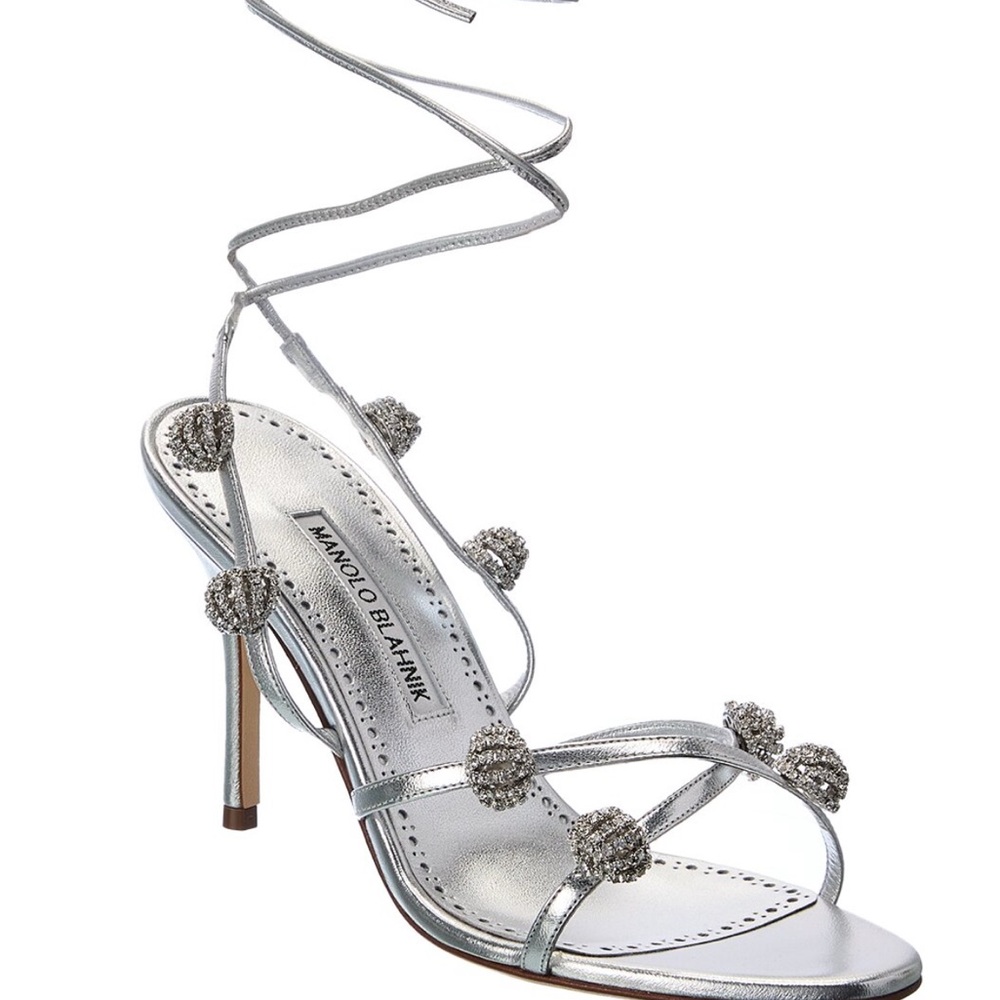 Manolo Blahnik Elsaka 90 Leather Silver Embellished Sandals
